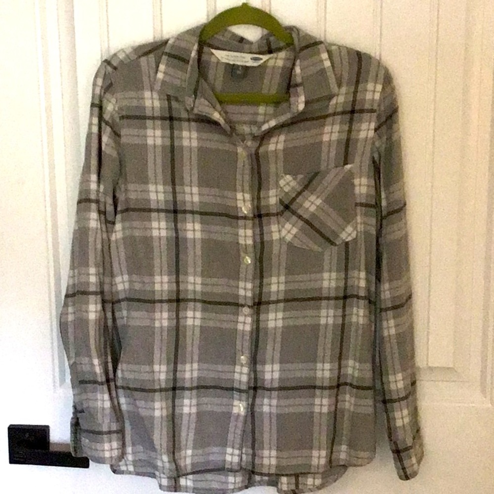 Old Navy boyfriend gray flannel plaid blouse L